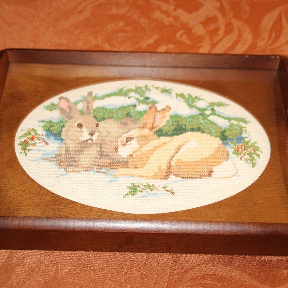 Vintage Cross Stitch Serving Tray w/Wooden Frame and Handles, Country Folk Art